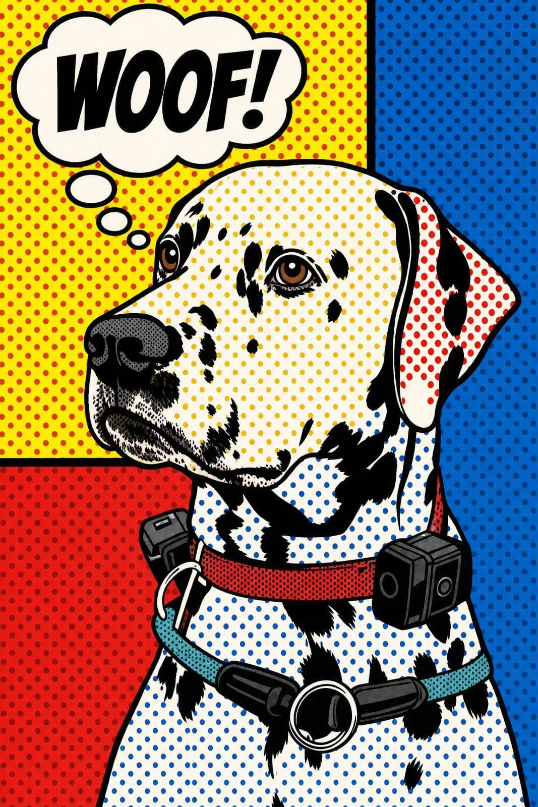 Dalmatin Ozzy v pop-art stylu s rastrovými tečkami a myšlenkovou bublinou WOOF na žlutém, modrém a červeném pozadí.