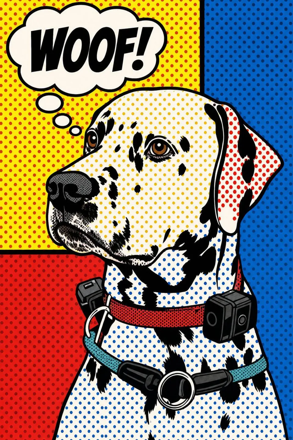 Dalmatin Ozzy v pop-art stylu s rastrovými tečkami a bublinou WOOF na žlutomodročerveném pozadí.